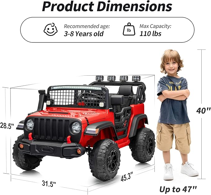 2 Seater Ride on Car Toy, 24V 4WD Electric Car for Kids 4-8 with Remote Control, 4x200W Motors, Capacity 110 lb - Red