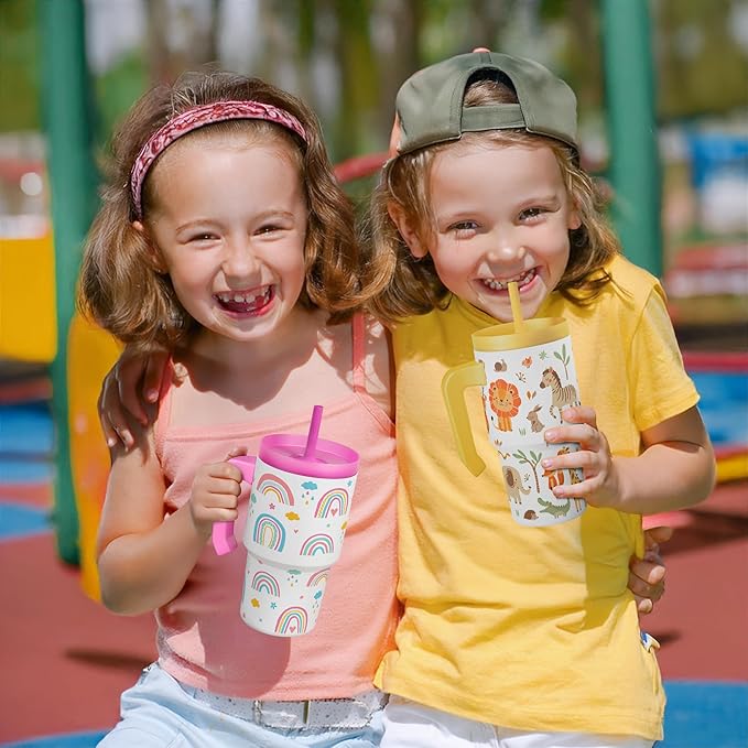 Jungle Animal Tumbler 20oz with Handle and Silicone Straw Lid for Kid, Insulated Stainless Steel Cup, Gift for Kids Boys, Gifts Idea for Birthday Christmas Back to School