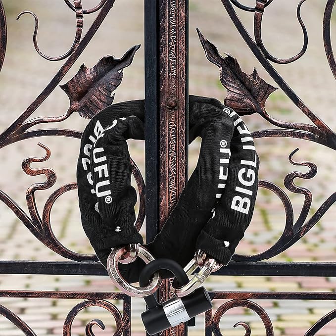BIGLUFU Motorcycle Chain Lock 150cm/5ft Heavy Duty Bike Chain Lock Anti-Theft Durable Cut Proof 14mm Thick Security Bicycle Chain with 4Keys 16mm U Lock for Moped,Scooter,Motorcycles