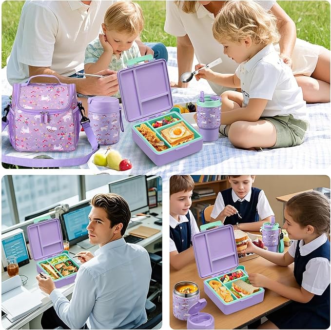 Bento Lunch Box for Kids with 17oz Soup Thermo,Insulated Tumbler Water Bottle and Insulated Lunch Bag,Leak-Proof 3 Compartment Lunch Food Container with Ice Pack for Kids to School-Horse