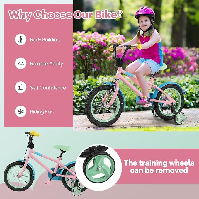 BABY JOY Colorful Macarons Kids Bike, 12 14 16 18 Inch Sporty Children's Bicycle with Training Wheels, Adjustable Handlebar & Saddle, Handbrake & Coaster Brake, Boys Girls Bike for 3-8 Years Old