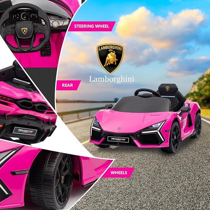 Winado 12V Ride on Car, Licensed Lamborghini Revuelto Electric Car for Toddlers W/Remote Control, Battery Car for Kids with Bluetooth, Hydraulic Doors, 3 Speeds, LED Lights, Music (Pink)