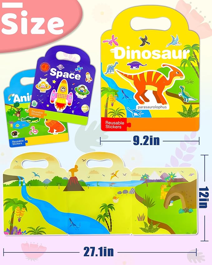 Benresive Reusable Sticker Book for Toddlers 2-4 Years, 3 Sets Travel Stickers for Kids, Waterproof Sticker Books for Toddlers 1-3, Crafts Activities for Todddlers 1-3 2-4 3-5