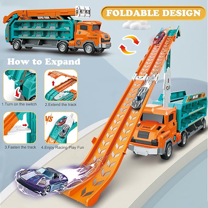 Toddler Car Truck Toys,Car Carrier Truck Toy for Kids Age 3-5 4-8,Foldable Car Track Sets with 2.8-Ft Race Track and 6 Die-Cast Race Cars, Truck Toys Gifts for 3 4 5 6 7 8+ Year Old Boys Girls(orange)