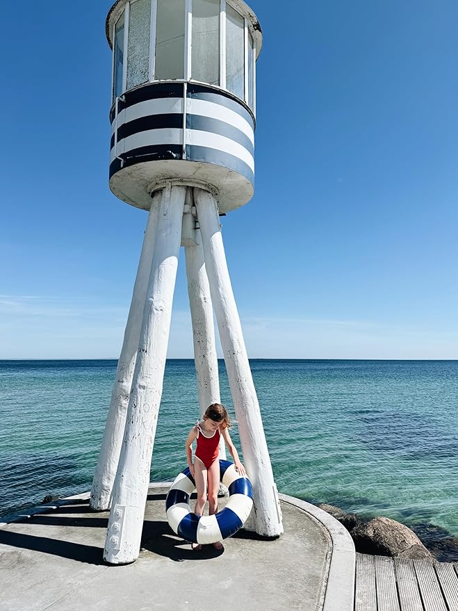 Petites-Pommes Inner Tube for Kids - Durable Donut Pool Float, Handprinted Classic Striped Design Round Floats for Pool, Soft Comfort Seaming, Packable Floats for Travel, Dark Blue, 35 inch