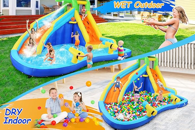 ROOJER Inflatable Water Slide Park for Kids Backyard 8-in-1 Blow Up Crocodile Spray Slide with 450W Blower, Splash Pool, Climbing Wall, Water Cannon, Basketball Hoop for Summer Outdoor Play Party Gift