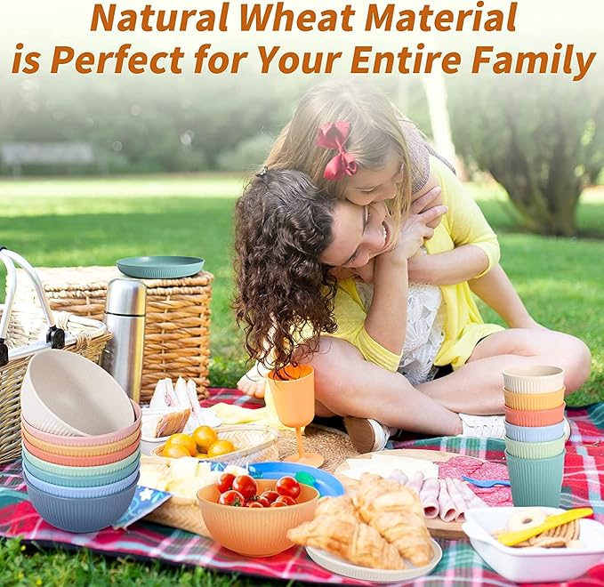 Wheat Straw Dinnerware Sets, Unbreakable Dinnerware Set for 6,Reusable Lightweight Tableware Dinner Dishes, Bowls, Cups, tableware, 24pcs Dinnerware Microwave & Dishwasher & Kids Safe