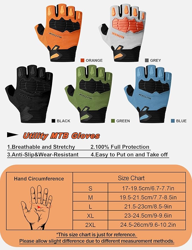 KUTOOK Mountain Bike Gloves for Mmen Fingerless with Wrist Guard Anti-Slip for Dirtbike Riding Fitness Training Outdoor Sports