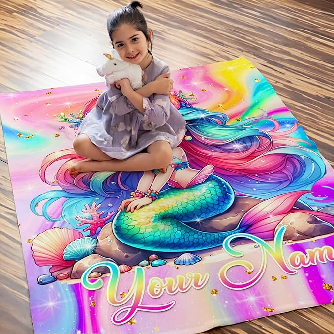 Mermaid Girls Blanket Gifts Personalized Blankets for Kids Teens, 40x30 Inches Custom Soft Lightweight Flannel Throws for Couch Sofa Bed Girls Age 4-6 Travel