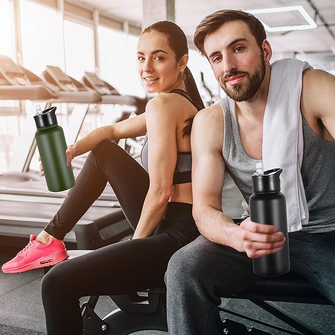 VEGOND 32 oz Insulated Water Bottle Bulk Stainless Steel Metal Water Bottles with Leak Proof Straw Lid & Spout Lid, Wide Mouth Double Walled Vacuum Travel Sports Bottle, 4 Pack