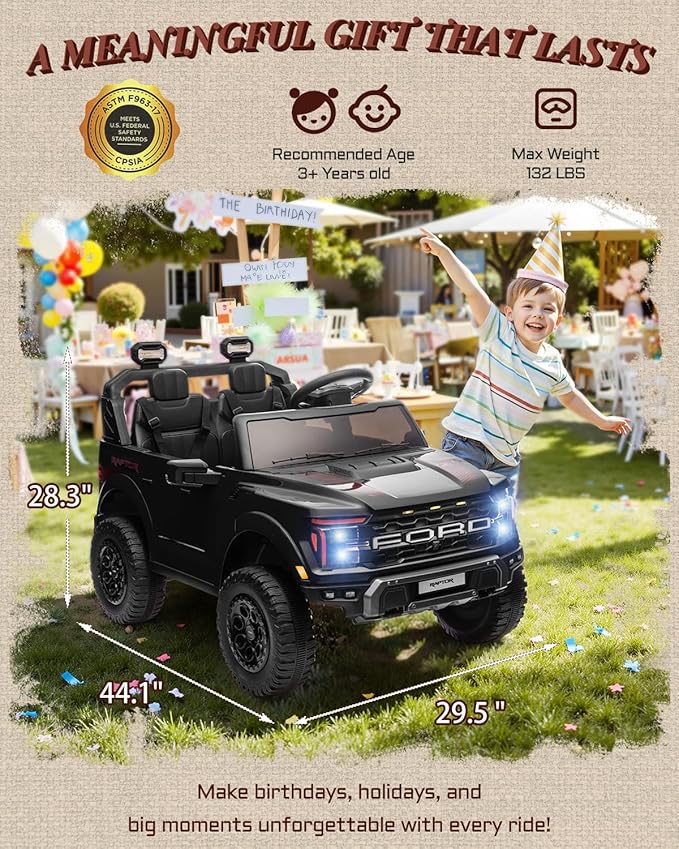 First Ride On 24V Ride on Toys for Big Kids, Licensed Ford F-150 Raptor 2 Seater Kids Ride on Car w/Remote Control, Toddler Electric Car w/LED Lights, Bluetooth, Truck Bed Storage, Soft Start (Black)