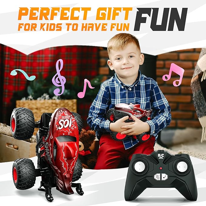 BEZGAR Monster Truck Toys - Remote Control Monster Truck with Light & Music, Dinosaur Toys for Kids, 1:20 Scale RC Truck with 360° Spins and Drifting, Remote Control Car for Boys 4-7 Red