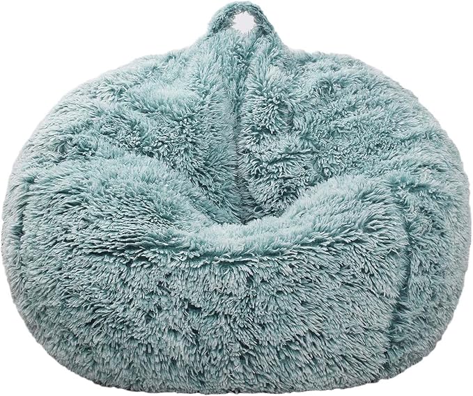 Fluffy Bean Bag Chair for Kids, 2.5FT Round Memory Foam Filled Bean Bag for Teens & Kids, Ultra Soft Faux Fur Fabric Bean Bag Chairs for Playroom, Living Room, Bedroom, Dark Green