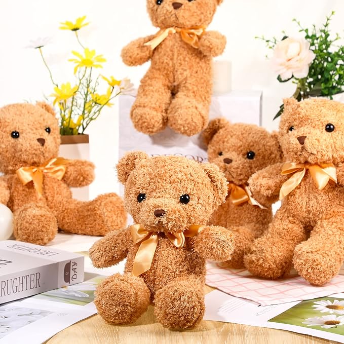 HyDren 12 Pack 12 Inch Stuffed Bear Animal Cute Bulk Plush Toys with Ribbon Bow Ties Soft Bears for Baby Shower Birthday Party Favors(Light Brown)