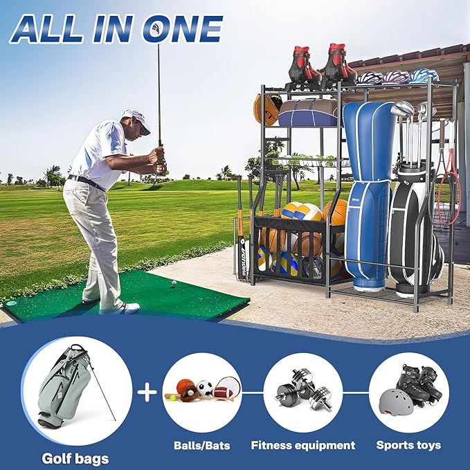 Garage Sports Equipment Organizer, Strong Load Bearing Golf Bag Organizer, Multi Use Golf Ball Rack Basketball Rack for Sports Gear and Outdoor Toy Ball Storage