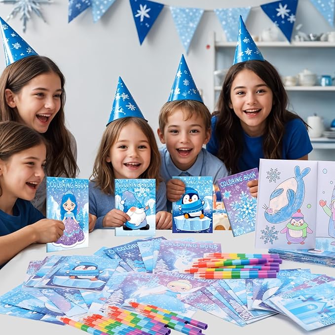 BenLouis 12 Frozen Mini Coloring Books Kids with 12 Stacking Crayons Winter Snowflake Themed Party Favors Small Activity Books Bulk for Kids Frozen Christmas Classroom Party Gift Goodie Bag Stuffers
