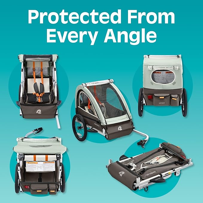 Retrospec Rover Plus Foldable Bike Trailer for Kids, Single/Double Passenger Child Bike Trailer with 5-Point Safety Harness, Reflective, Weather-Resistant Fabric and Safety Flag - Supports 40-80 lbs