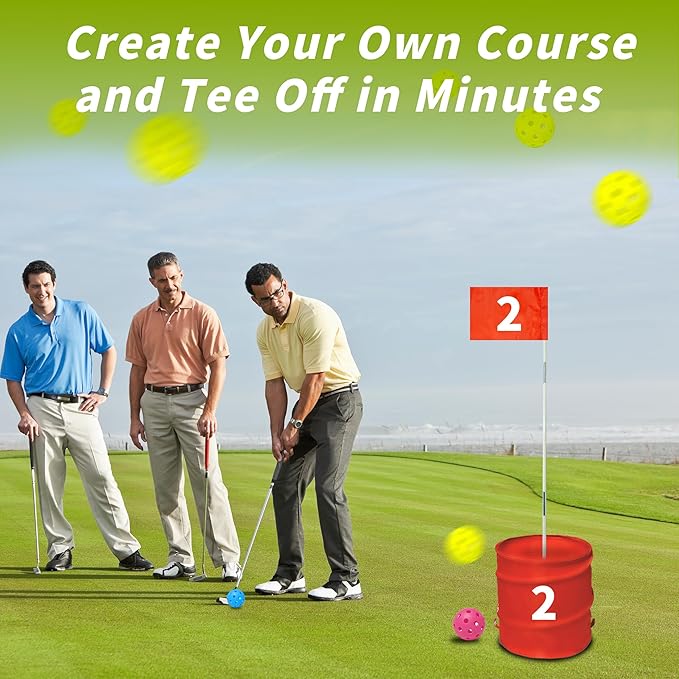 Golf Bucket Yard Game - Outdoor Lawn Games for Adults and Family with 2 Golf Bucket Club, 6 Hole Golf Course, Balls and Flag - Adult Golf Chipping Games for Backyard Beach Park Camping and Hotel
