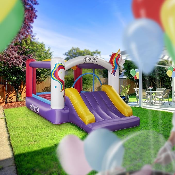 Cloud 9 Inflatable Bounce House and Blower, Unicorn Theme Bouncer for Kids with Slide, Includes Stakes and Repair Patches