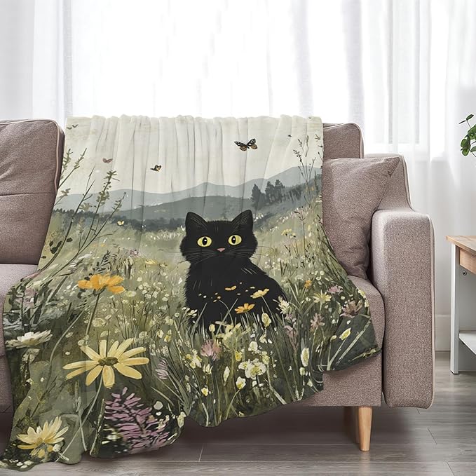 Black Cat Blanket Floral Wildflower Kitten Throw Blankets Gifts for Girls Boys Kids Cat Lover Soft Cozy Fleece Plush for Couch Sofa Bed 50"x40"