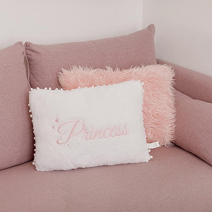 Perfectto Design Set of 2 Decorative Pillows for Toddler Kids Room. White Fluffy Princess Embroidered and Furry Pink Faux Fur Pillow. Soft and Plush Throw Pillows for Kid’s Bedroom Décor