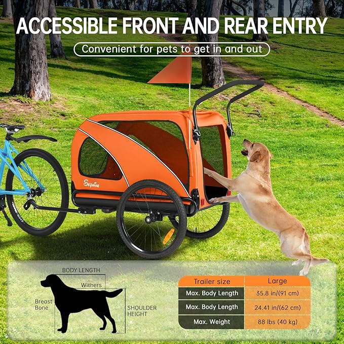 Sepnine Dog Bike Trailer, Supports up to 88 lbs, 2-in-1 Pet Stroller Cart Bicycle Carrier, Easy Folding Cart Frame with Quick Release Wheels, Universal Bicycle Coupler, Non-Slip Floor, Internal Leash