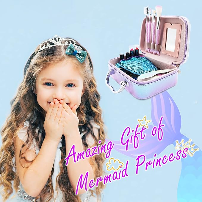 Kids Makeup Set for Girls - Non Toxic Washable Mermaid Makeup Kit, Little Mermaid Toys for Girl 5-7, 8-12,Princess Dress up Beauty Vanity Set,Ideal Party Gifts for Halloween Christmas and Birthday