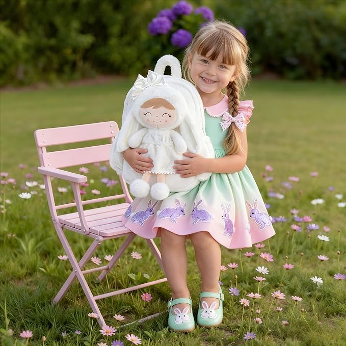 Gloveleya Toddler Backpack Plush Bag with White Bunny Detachable Design 11-inch Gift for Girl