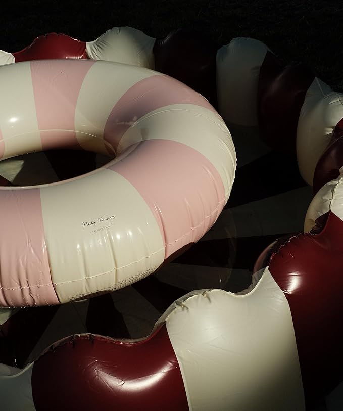 Petites-Pommes Beach Floats for Kids - Durable Swim Ring, Handprinted Classic Striped Design Pool Inner Tubes, Soft Comfort Seaming, Packable Floats for Travel, Baby Pink, 35 inch