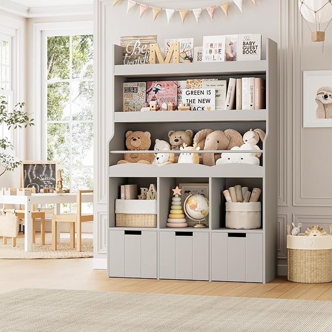 HITHOS 55.3" H Kids Bookshelf with Toy Storage Organizer, Tall Book Shelf with 3 Movable Toy Storage Bins, Large Kids Bookcase with Toy Chest, 39.2" W Modern Toys Box for Kid Room, Playroom, Gray