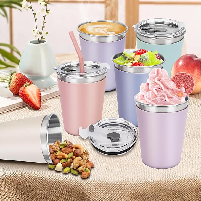 Kids Straw Cups, 6 Pack 12oz Sippy Cup With Silicone Sleeve Spill Proof, Stainless Steel Cups with Lids and Straws for Kids Girls Boys and Adults