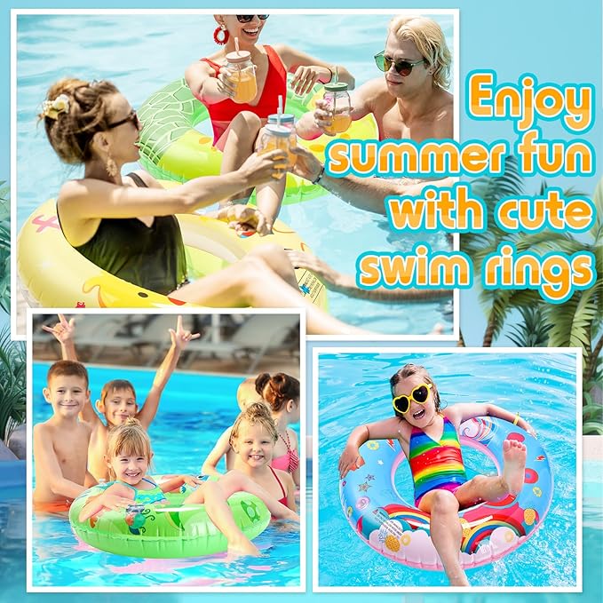 10 Pcs Inflatable Pool Floats Tubes for Kids 31.5 Inches Swim Ring Floaties Pool Tube Dinosaur Sea Animal Fruit Mermaid Unicorn Swim Rings for Kids Adults Summer Swimming Lake Beach Party