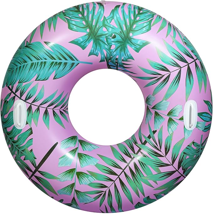 HeySplash Pool Tubes for Adult, 42 Inch Large Pool Floats with Handles, Inflatable Swim Rings Lounge, Hawaii Fun Swim Floaties Swimming Pool Beach Lake River Party Decoration Toys, Pink+Green Leaves