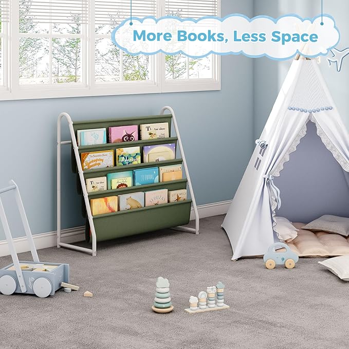 Tatub 4 Tier Kids Bookshelf for Kids Rooms, Metal Children Book Rack Montessori Bookshelf, Toddler Sling Bookrack Display for Nursery, Green