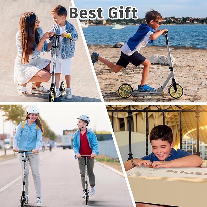 PHOEROS Kick Scooter for Kids Ages 6-12,Teens & Adults, Youth. Lightweight Aluminum Kick Scooter for Teens Adults Boys Girls with 8 inch Big Wheels, Foldable, 3 Height Adjustable, Shock Absorption.