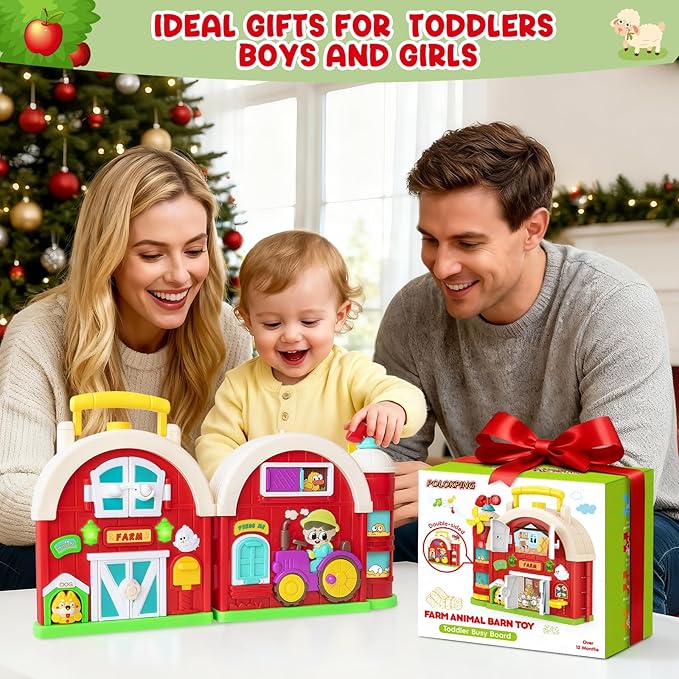 Montessori Farm Busy Board, Motor Skills Developmental Toys for 1 2 Year Old Boy Girl Gifts, Early Educational Toy for Toddlers 1-3, Christmas Birthday Gift for 12-18 Months, Sensory Board Toy for 1+