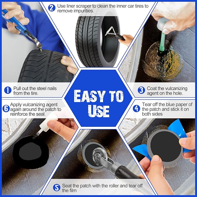 Tallew 90 Pcs Tire Patches Kit 32 mm 42 mm 58 mm Tire Repair Unit with Roller and Liner Scraper, Tube Patch Auto Repair Stitcher Tools for Car Truck Bike Motorcycle Wheel