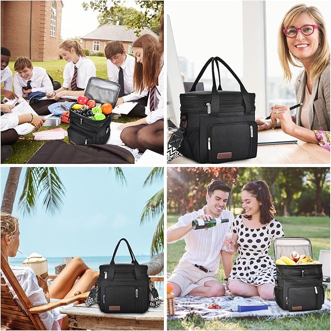 LOKASS Lunch Bag& Lunch Box for Men Women Double Deck,Large Insulated Adult Lunch Box Leakproof Lunchbox Cooler Bag for Work Picnic Beach,(Black,16L)