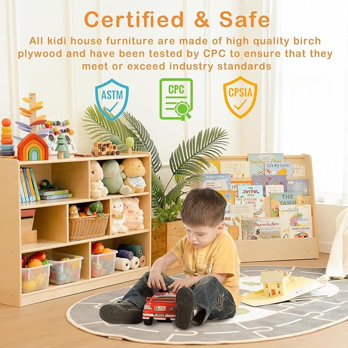 Kids Bookshelf and Toy Storage Shelf, Wooden Montessori Bookshelf, 3-Tier Toy Shelves with 7 Cubby, Classroom Furniture, Birch Children Bookcase, Book Shelf for Kids Room, Nursery, Playroom