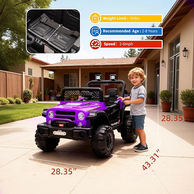 12V Kids Electric Ride on Truck,Parent Remote Control Car for Kids| Features 3 Speeds to 6MPH, 2 * 550w Moto, Spring Suspension, LED Lights, Music | for Children Aged 2-8 Years,Purple