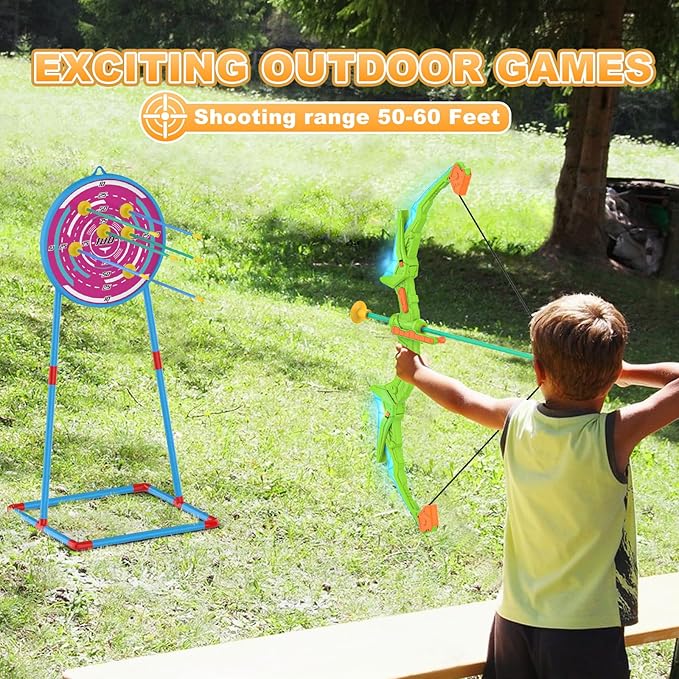 2 Pack Kids Bow and Arrow Set with LED Flash Lights, 14 Suction Cup Arrows and Standing Target-Perfect Indoor and Outdoor Archery Set Toy Gift for Boys and Girls Ages 4-12