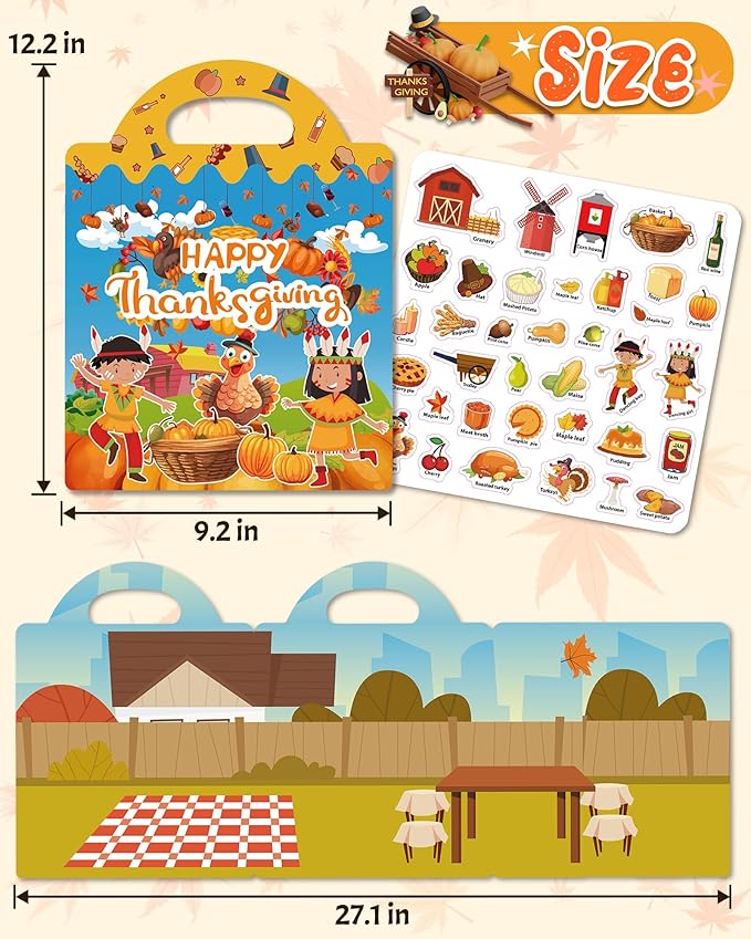 Benresive Reusable Sticker Book for Toddlers 2-4 Years, Fun Travel Stickers for Kids, Waterproof Sticker Books for Toddlers 1-3, Crafts Activities for Toddler 1-3 2-4 3-5 - Thanksgiving