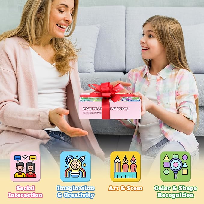 65 PCS Magnetic Blocks Set, 1" Magnet Building Blocks with Toy Eyes and Storage Bag for Kids Gifts, STEM Educational Preschool Sensory Toys for Toddlers Boys Girls Ages 3 4 5 6 7 8 + (Macaron Color)