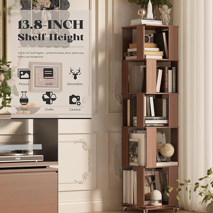 5 Tier Solid Wood Rotating Bookshelf Tower on Wheels, 360° Upgrade Spinning Book Shelf, Revolving Bookcase Organizer, Swivel Bookshelves for Small Spaces, Corner, Bedroom, Kids Room, Office (Walnut)