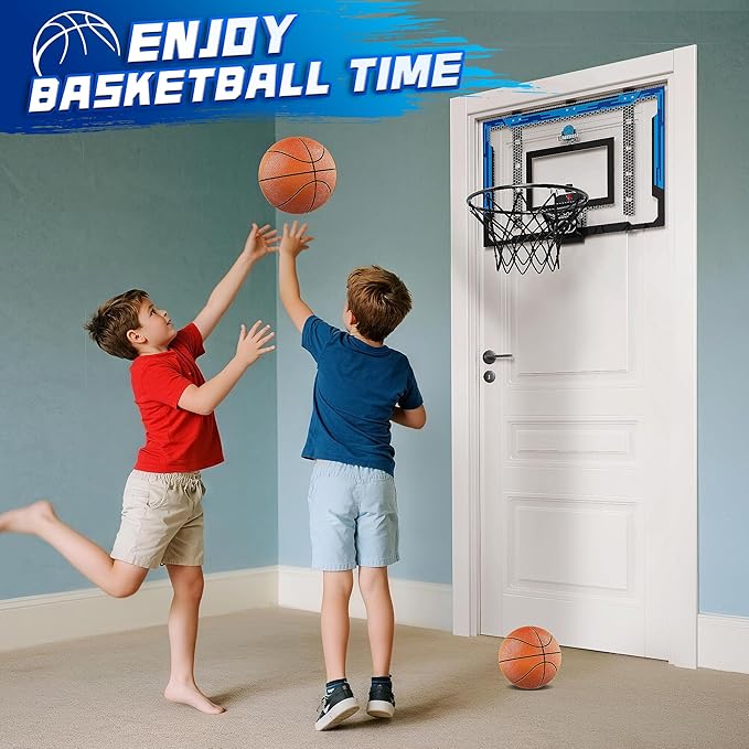 24" x 16" Indoor Large Basketball Hoop Toy - Upgraded Adjustable Height Basketball Hoop Over The Door with Scoreboard/2 Balls, Basketball Toys Christmas Birthday Gifts for Kids & Adults(Blue)