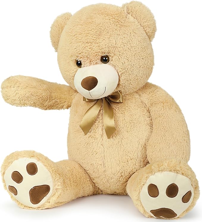 MaoGoLan Giant Teddy Bear Stuffed Animal, 39" Large Tan Teddy Bear Plush Toy with Cute Bow Tie & Footprints, Soft Sunggle Bear Plushies Gift for Kids Grilfriend Wife on Christmas Birthday Baby Shower