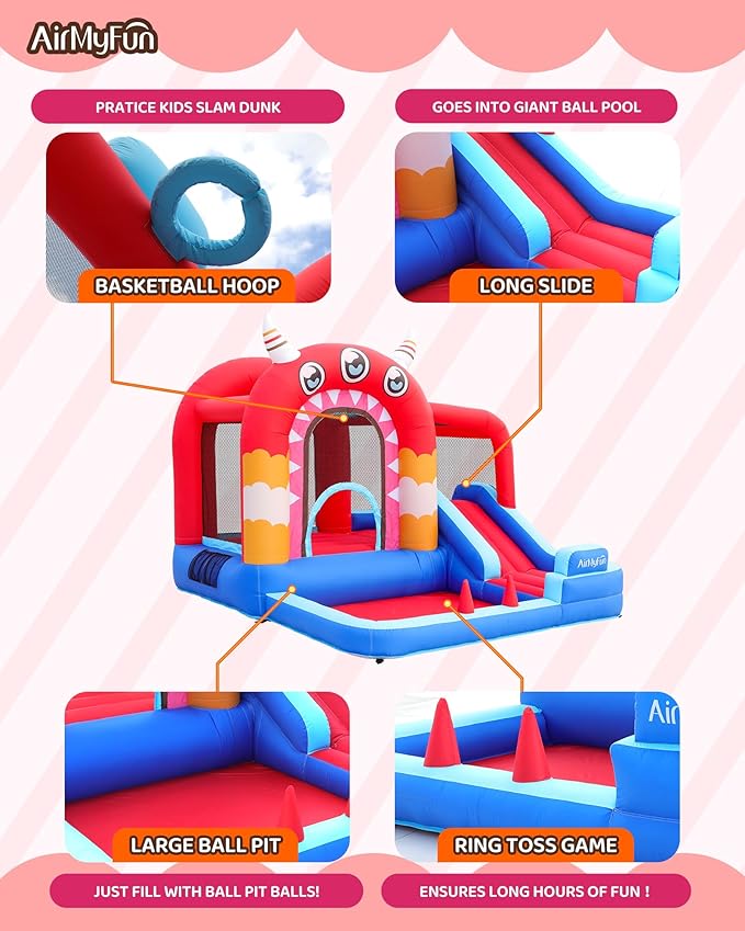 AirMyFun Inflatable Bounce House,Bouncy Castle with Air Blower,Play House with Ball Pit,Inflatable Kids Slide,Jumping Castle with Carry Bag