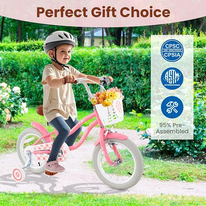 COSTWAY Kids Bike, 12 14 16 18 Inch Toddler Bike Children Bicycle w/Training Wheels, Hand & Coaster Brakes, Adjustable Saddle & Handlebar, Basket, Bell, Kids Bicycle for Girls Boys Aged 3-8 Years Old