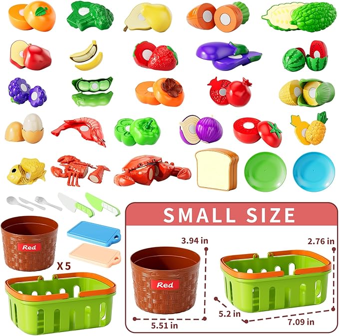 Play Food Set for Kids, Toddler Learning Toys, Cutting Food Toy Color Sorting Set, Pretend Food Play Kitchen Accessories for Kids, Birthday Gifts for 3-8 Years old Boys Girls Educational Toys
