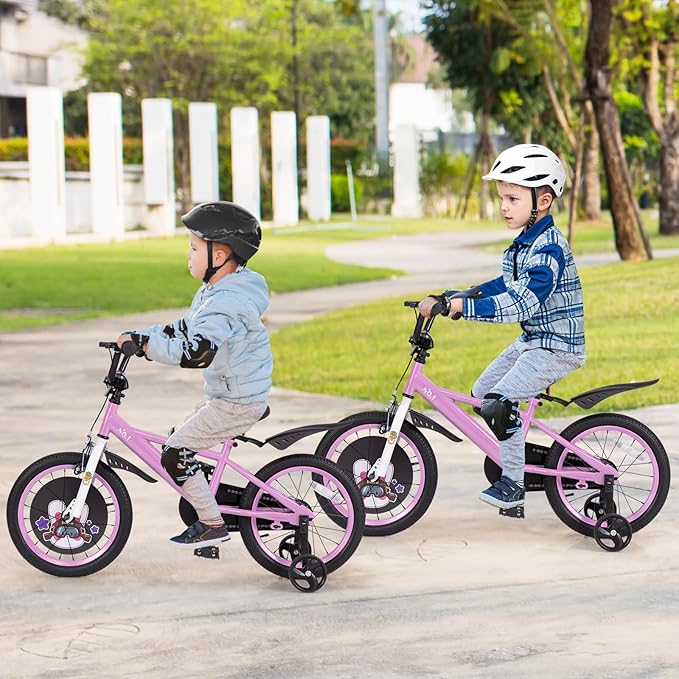 BABY JOY Rabbit Pilot Sporty Kids Bike, 12 14 16 18 Inch Child Bike for 3-8 Years Old with Adjustable Height, Training Wheels, Storage Basket, Handbrake & Coaster Brake, Kids Bicycle for Girls Boys